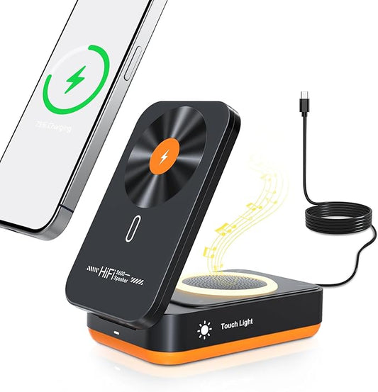 3 in 1 Magnetic Wireless Charger for iPhone,Foldable Charger Stand with Bluetooth Speaker & Sleep-Friendly Light, Wireless Charging Station for iPhone 17 16 15 14 13 12 Pro Max All Series