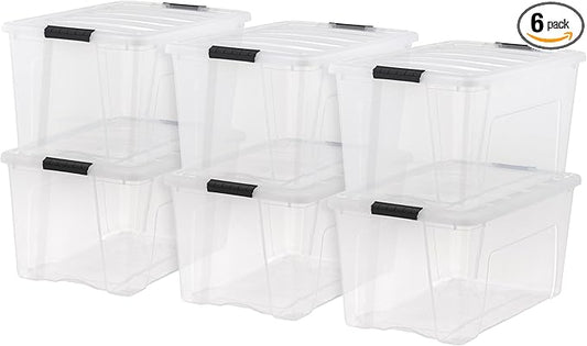 IRIS USA 72 Qt Stackable Plastic Storage Bins with Lids, 6 Pack - BPA-Free, Made in USA - See-Through Organizing Solution, Latches, Durable Nestable Containers, Secure Pull Handle - Clear