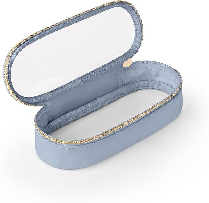Soimeat Clear Travel Makeup Brush Holder, Leather Makeup Brush Toiletry Bag, Portable Cosmetic Brush Case, Transparent Waterproof Makeup Brush Storage Bag, Blue