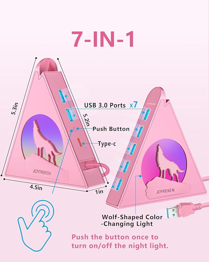 7 Port USB 3.0 Hub,Pink USB Hub with Wolf Shaped RGB Night Light, 2ft Long Cable and Pink Base,for Laptop, PC, Flash Drive, HDD, Console, Printer, Keyborad, Mouse and More(Charging Not Supported)