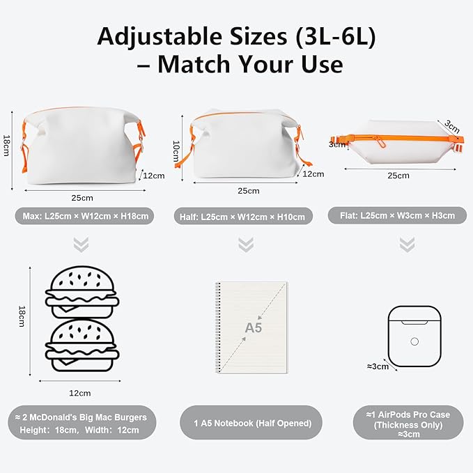 Vomgomfom 6L 13 Inch Silicone Toiletry Bag, Waterproof Leakproof Travel Cosmetic Organizer, Adjustable G-Buckle Compression Dopp Kit, Foldable Makeup Bag for Women & Men (White, 13" 6L)