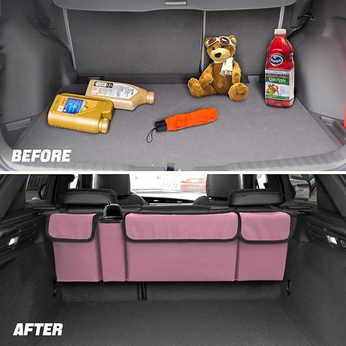 AUCELI Car Trunk Organizer, Backseat Hanging Large Storage with Adjustable Straps, Waterproof Collapsible Cargo Bag with 4 Pockets, Sturdy Space Saver Frees Trunk Floor for SUV, Truck, MPV