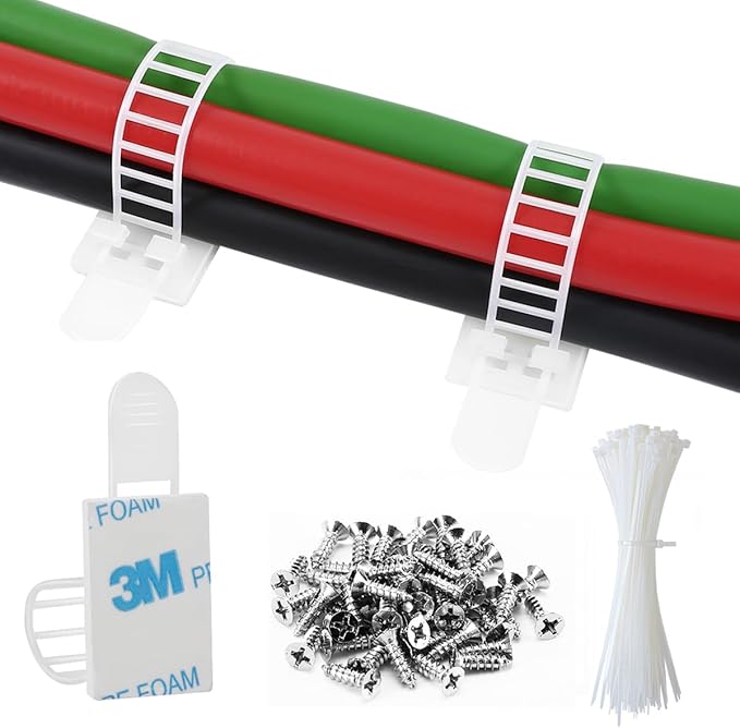 100Pcs Adhesive Cable Management Clips with 50Pcs Zip Ties, Adjustable Nylon Cable Strap Ties Wire Clips Clamps Organizer, Extra Screw & Hole - 3.35 Inch White