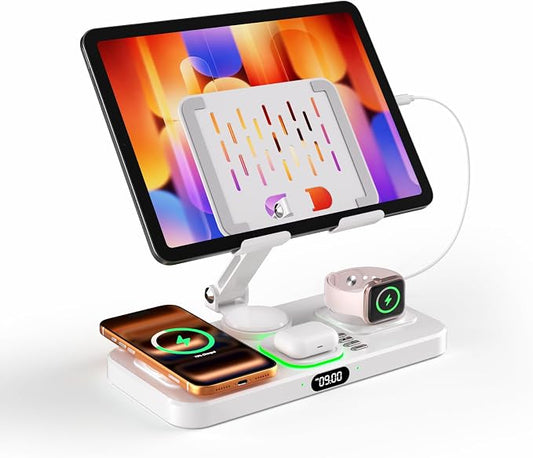 Magnetic Charging Station for Apple Multiple Devices, Wireless Charger with Clock & Light, Foldable Wired Charging Stand for iPad/Tab, Mag-Safe Charger for iPhone 17, for Apple Watch for AirPods