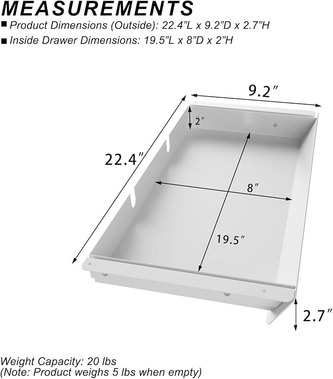 White Large Under Desk Mounted Sliding Drawer with 2 Cable Hole and 60 Degree Tilt Panel to Pull Out, 22.4'' Long & 9.2'' deep Large Storage Organizer for Sit Stand Workstation