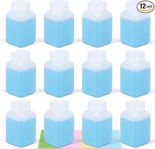DEMORA 2oz Small Square Plastic Travel Bottles, Reusable Leak Proof Liquid Containers with Caps and Stickers for Pill, Water, Juice (Translucent, 12 Pcs)
