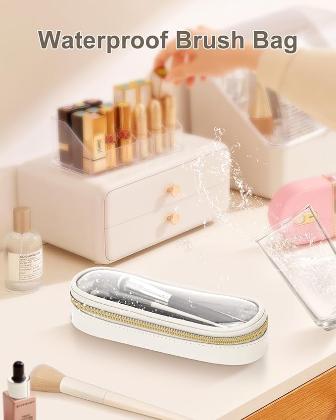 Soimeat Clear Travel Makeup Brush Holder, Leather Makeup Brush Toiletry Bag, Portable Cosmetic Brush Case, Transparent Waterproof Makeup Brush Storage Bag, White, Large