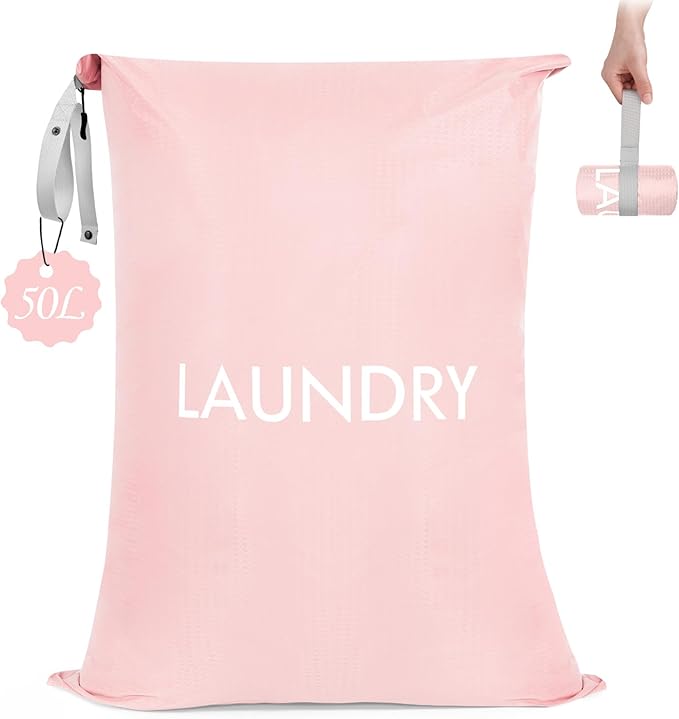 MissBoy 50L Travel Laundry Bag with Zipper, Heavy Duty & Odor-Proof Washable Nylon Sack for Dirty Clothes, Space-Saving Luggage Organizer & Dorm Room Essential for College Girls, Pink