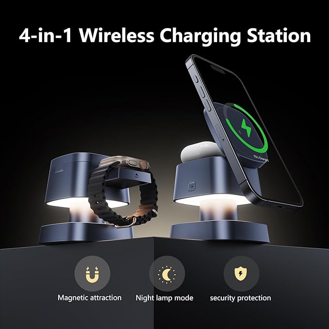 【2026 Upgraded】4 in 1 Wireless Charger, 3 in 1 Wireless Charging Station with Night Light for MagSafe Charger, 15W Magnetic Travel Stand for iPhone17/Air/Pro/Max/16/15/14, Apple Watch, Airpods (Gray)