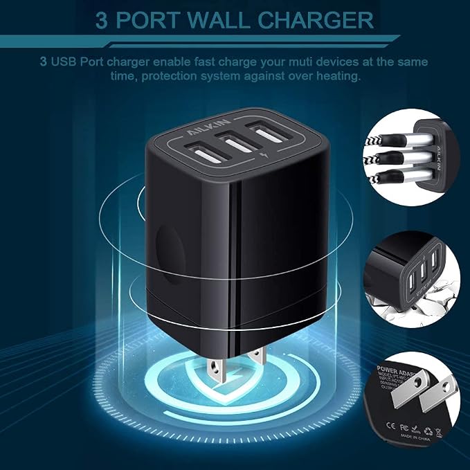 Wall Charger Plug, USB Charger Cube, AILKIN 3.1A 3-Muti Port USB Adapter | Power Plug Charging Station Box Black Base for iPhone 17 16 15 14 13 12 11 Pro Max/SE, Samsung Galaxy Phones Charge Block
