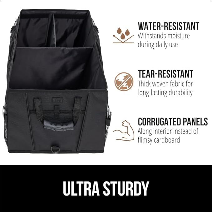 GORILLA GRIP Large Capacity Sturdy Trunk Storage Organizer, Slip and Water Resistant Collapsible Organization Container for Car Sedan or SUV, Multi Compartment Box Vehicle Accessories, 2 Pack, Black