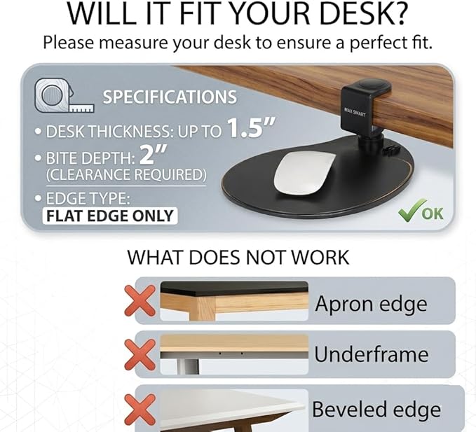 Clamp on Mouse Platform, Clip on Mouse Pad, Rotating 360, Easy Slide Out Tray, Suitable Up to for 1.5" Thickness Desk, for Home, Office to Save Space (Black)