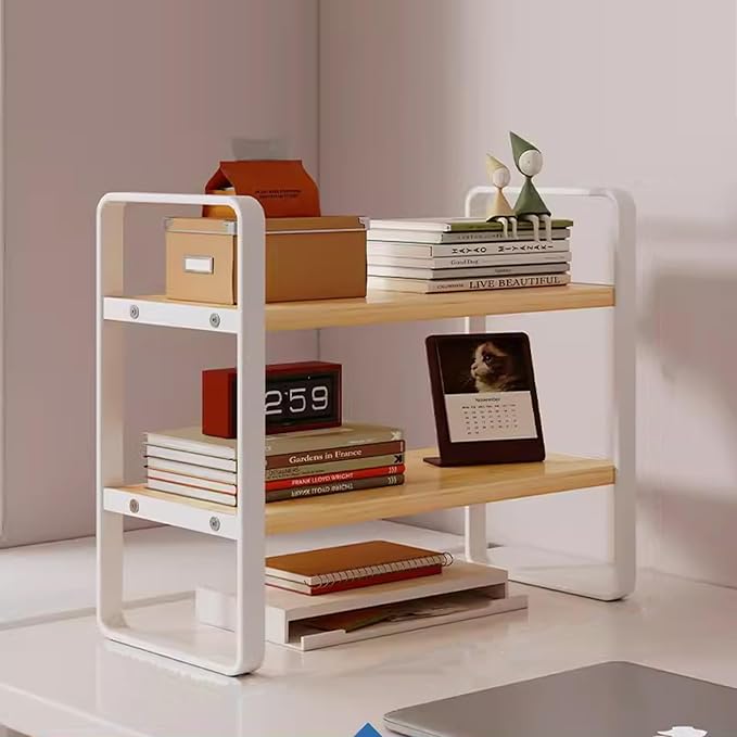 2 Tier Desktop Bookshelf, Office Desk Shelf Organizer, Metal Frame Wood Board Rack, Countertop Bookshelf for Office Supplies Display Rack, for Dorm, Home, School, Office(Yellow,30cm/11.8")