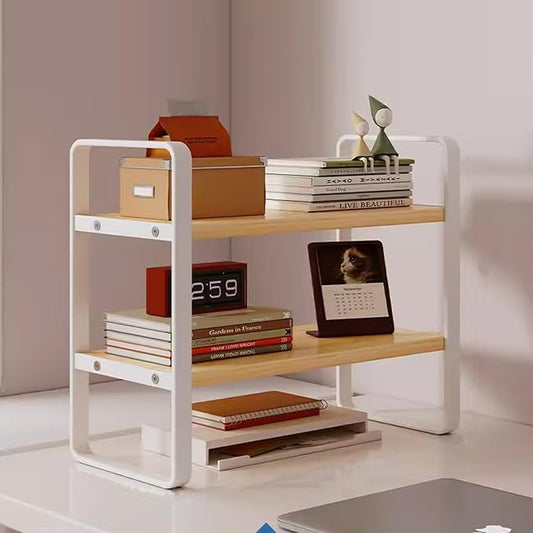 2 Tier Desktop Bookshelf, Office Desk Shelf Organizer, Metal Frame Wood Board Rack, Countertop Bookshelf for Office Supplies Display Rack, for Dorm, Home, School, Office(Yellow,30cm/11.8")