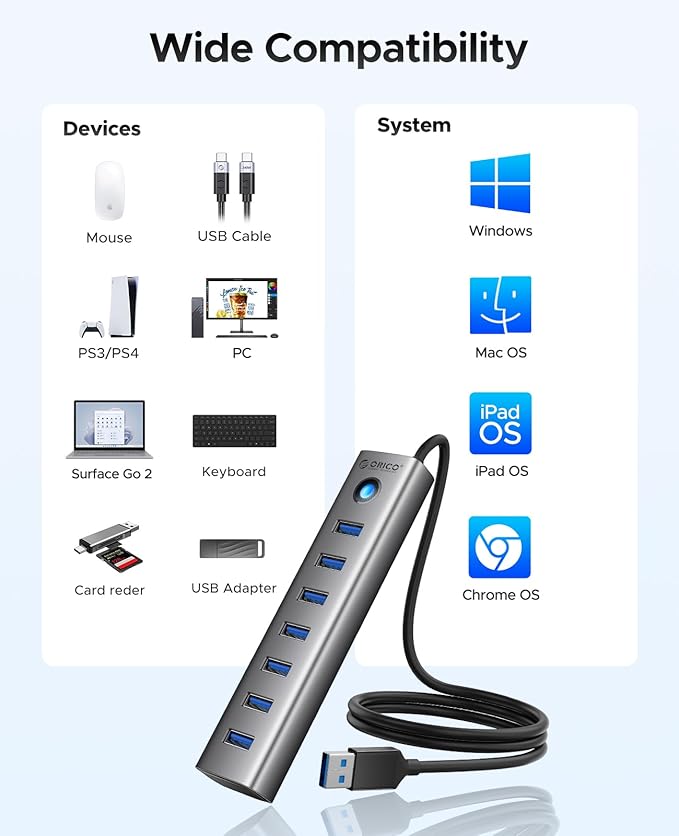 ORICO 7-Port USB 3.0 Hub, Aluminum USB Multiple Adapter, 5Gbps USB Extender USB Splitter with 3.28Ft Cable, UBS-A Hub Long Cable for Desktop, PC, Flash Drive, Mobile HDD, Windows/XPS