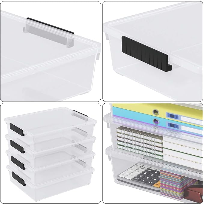6 Qt Clear Flat Plastic File Storage Bins with Latch Lid, 4-Pack | Stackable Organization Box for Art Supplies, Craft, A4 Paper, Documents