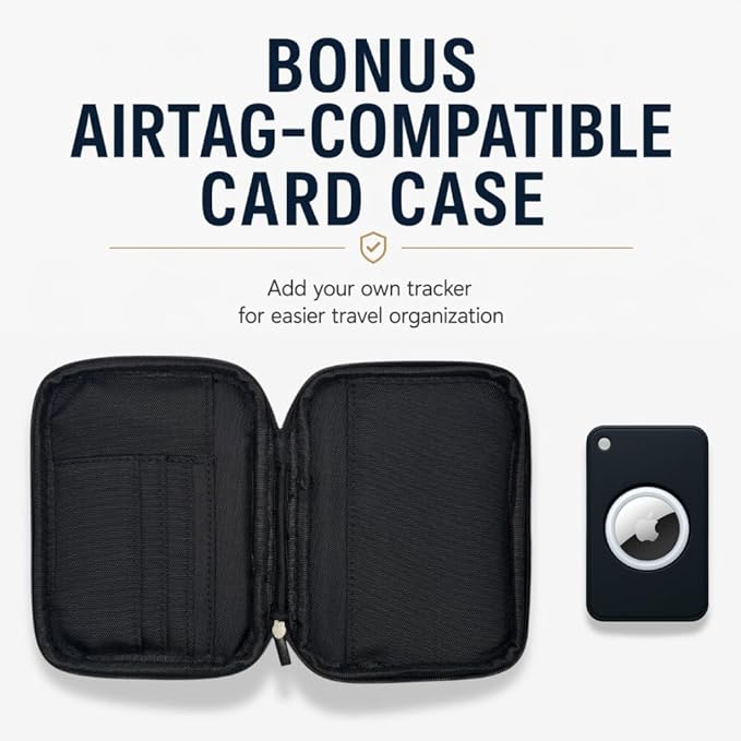 EM RFID Passport Holder with Zipper, Travel Wallet, AirTag Card Case, Black | Ideal for 1 passport, cards, cash, ID and boarding pass. Measures 4.7 L x 0.8 D x 6.1 H in with discreet AirTag card pocket