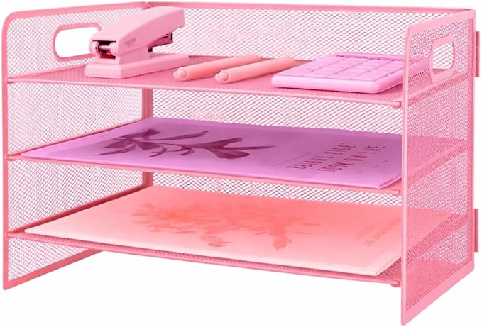 3 Tier Lettrer Tray Organizer with Handle, Metal Mesh Desk File Organizer with Sliding Trays, Paper Sorter Desk for Home Office School, Pink