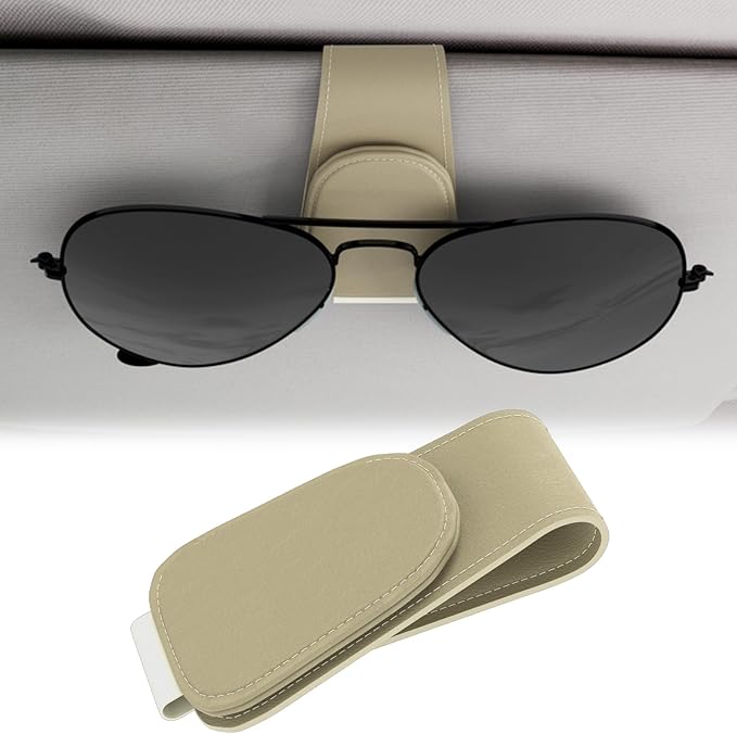 BFXM Sunglass Holder for Car, Sunglasses Holder Eyeglass Hanger Clip Magnetic Leather for Car Visor, Cars Sun Visor Ticket Card Clip