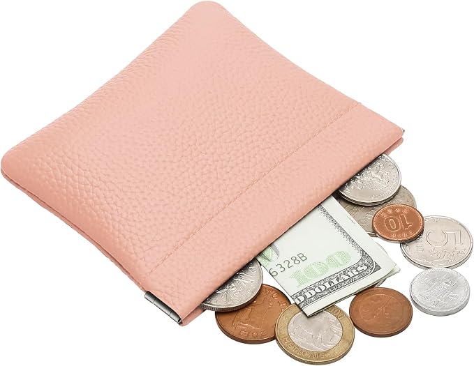 Genuine Leather Squeeze Coin Purse Pouch Change Holder For Men & Women Mini Change Purse Pouch for Pocket, Small Pouch Credit Card Key Headset Lipstick Holder (Pink)
