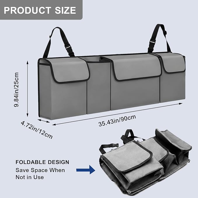 Car Trunk Organizer – Backseat Hanging Large Storage Bag with Adjustable Straps, Waterproof Collapsible Cargo Organizer with 4 Pockets, Space-Saving Trunk Storage for SUV Truck MPV (Grey)