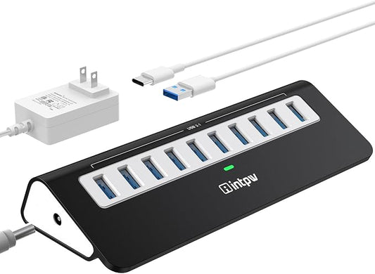 Powered USB Hub, intpw 10 Port USB 3.1 Hub with 10Gbps Data Transfer, 36W(12V/3A) Power Adapter, USB Type A and Type C Cable, Grey USB Hub for Laptop, MacBook and Desktop Computer