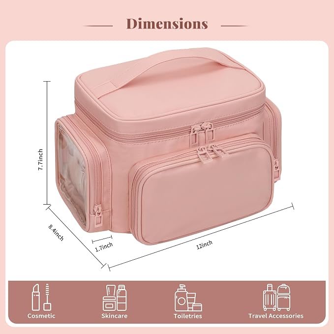 Large Makeup Bag with LED Mirror, Travel Makeup Bag Organizer for Women Girls with Makeup Brush Compartment & Two Side Pockets, 3 Color Lights Cosmetic Toiletry Bag- Leather Pink
