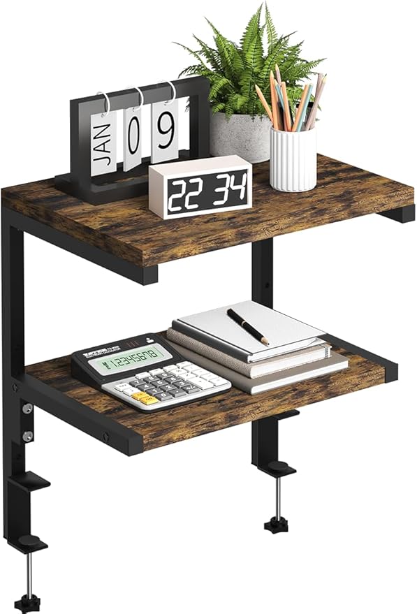 Mondazie Clamp on Desk Organizer Shelf, Heavy-Duty Desk Extender Side Table with 2-Tier Adjustable Storage Shelves for Desktop Accessories, Gaming Devices, Black