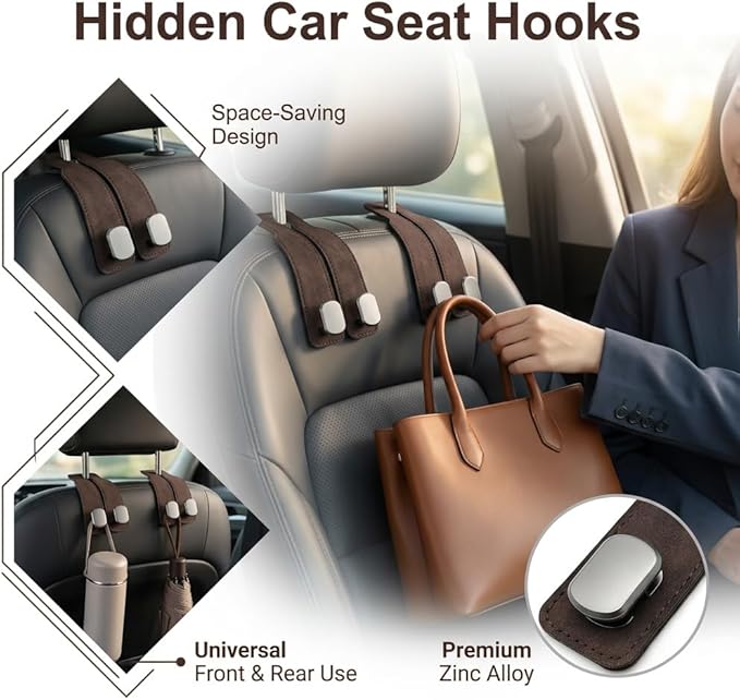 Zinc Alloy Car Headrest Hooks for Purses and Bags, 2 Pack Heavy Duty Dual Purse Holder for Car Seat Back, Metal Car Hooks Hanger Storage Organizer for Handbags, Coats, Umbrellas