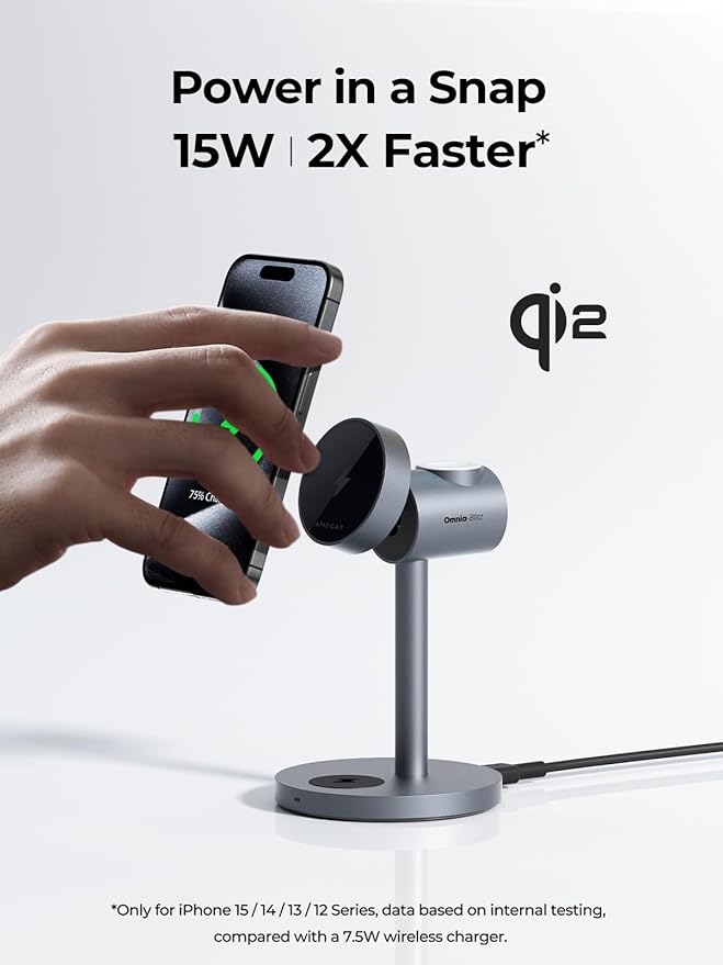MagFusion 3-in-1 Charging Station Compatible with MagSafe, Qi2 Certified 15W Magnetic Wireless Charger Stand, for iPhone 17/16/15/14/13/12 Series, Apple Watch, AirPods(30W PD Charger Included)