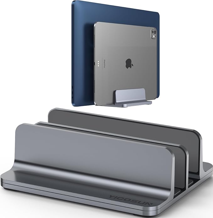 YICOSUN Dual-Slot Aluminum Vertical Laptop Stand for Desk - Adjustable Width Dock for MacBook, Surface, Samsung, HP, Dell up to 17.3 inches - Space-Saving & Protective Design - Gray