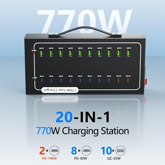 770W USB Charging Station with 20 Ports for Multiple Devices, 10 USB A+10 USB C, Charger Block,Smart Power Delivery & Multi Protection Compatible with iPhone/iPad/Tablets/Smartphones & More