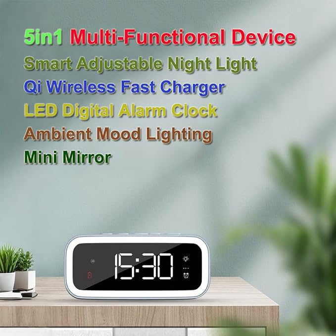 AYI 4in1 Smart Wireless Charging Alarm Clock with Mirror Display | 15W Fast Charger for Phone & Earbuds, 3 Group Alarms, Warm White/Yellow Night Light, Temperature Display Extra USB Port-White