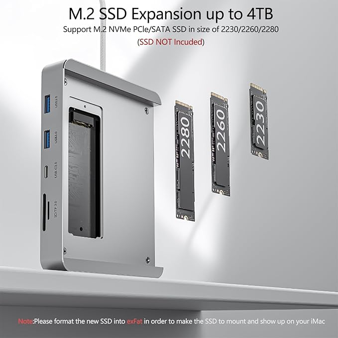 USB C Hub for iMac 24 inch 2021/2023/2024, 8 in 1 iMac USB Hub with M.2 SSD Expansion (SSD Not Included)，with USB A/C 3.2 10Gbps, SD/TF, HDMI iMacM1 M3 M4 Dock