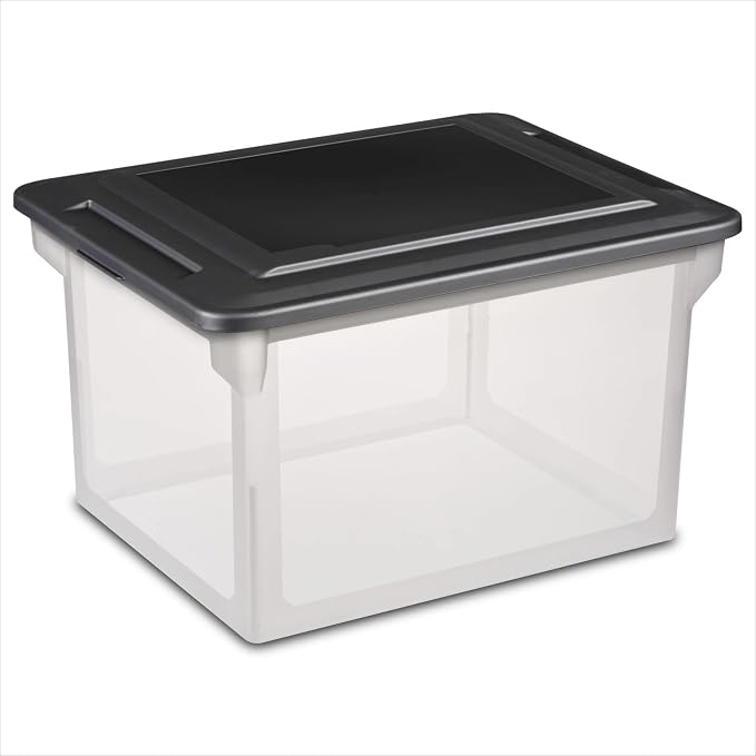 Plastic File Box Clear Storage Bins with Black Lids Letter or Legal-Sized File Storage Container, Stackable, Nestable