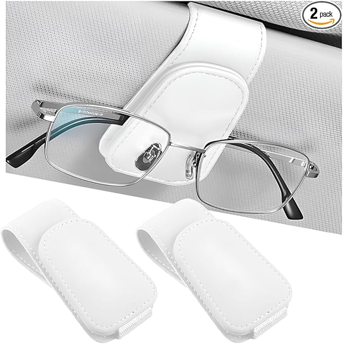 zipelo Sunglasses Holder for Car Sun Visor, 2 PCS Magnetic Leather Eyeglass Hanger, Sun Glasses Mount Clip on Visors, Ticket Card Cash Organizer, Auto Interior Accessories (White)