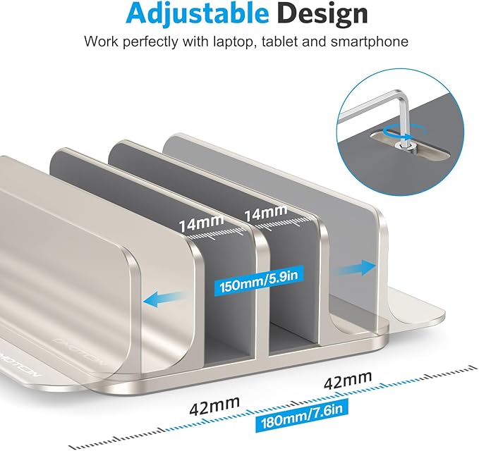 OMOTON Vertical Laptop Stand [Updated Double Version], Desktop Aluminum Mac Book Stand with Adjustable Dock Size, Fits All Mac Book, Surface, Chrome Book and Gaming Laptops (Up to 17.3") (Starlight)