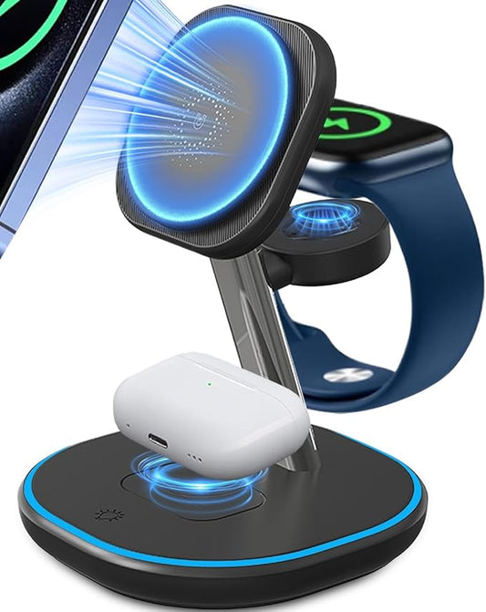 3 in 1 Wireless Charging Station for Apple MagSafe Charger, 15W Fast Magnetic Phone Charger with Breathing Light for Magsafe Charger Stand for iPhone 17 16 15 14 13 12, Apple Watch, AirPods, Gifts