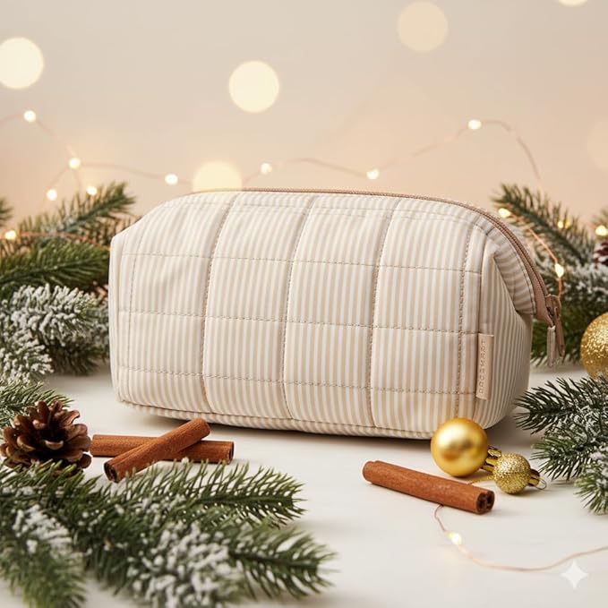 BAGSMART Makeup Bag Travel Toiletry Bag, Puffy Padded Make Up Bags for Women Makeup Organizer Case, Wide-open Pouch Purse Travel Essentials Toiletries Accessories Brushes, Strip Khaki Brown