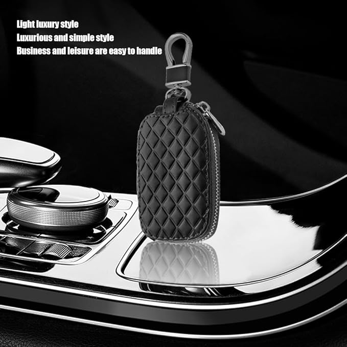 Key Fob Cover with Keychain, Key Fob Holder, Anti-Scratch Bag with Zipper, Leather Keychain Case Holder Fit Remote Key (Black)