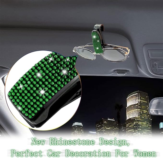 Turcee Set of 2 Bling Rhinestone Car Sun Visor Glasses Holders with Anti-Scratch Sponge,Car Decoration for Women Girls,Ticket Card Clip Visor Organizer (Green)