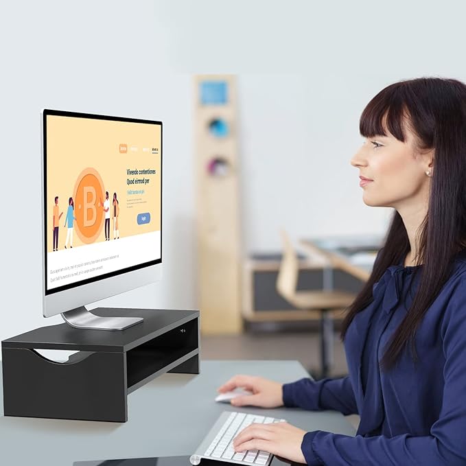 Monitor Stand Riser, 2 Tiers Wood Monitor Riser Stand with Desktop Shelf Storage Organizer, Desktop Stand for Laptop Computer, MacBook, Notebook, PC(Black)