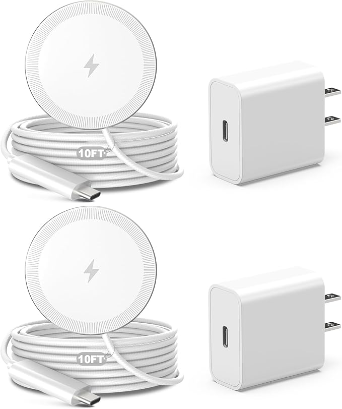 10FT Magnetic Wireless Charger Charging Pad - 15W Fast Phone Charger Puck for Apple iPhone 17 16 15 14 13 12 Series & AirPods 4 3 2 Pro, Phone Charging Pad with Plug for Desk & Travel, 2Pack White