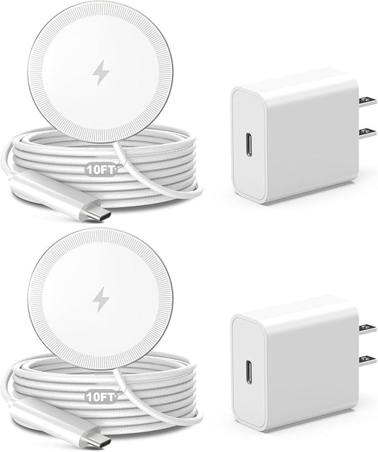 10FT Magnetic Wireless Charger Charging Pad - 15W Fast Phone Charger Puck for Apple iPhone 17 16 15 14 13 12 Series & AirPods 4 3 2 Pro, Phone Charging Pad with Plug for Desk & Travel, 2Pack White
