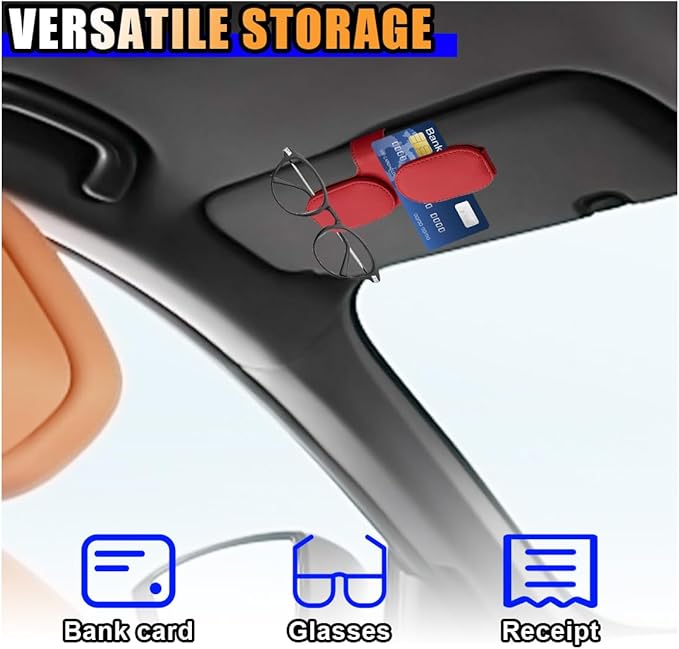 smilfuy Magnetic Leather Sunglasses Holder for Car Visor Clip, Car Sun Visor Ticket Card Clip Double Clip, Auto Glasses Eyeglass Hanger Clip, Eyeglasses Mount Interior Car Accessories (Red)