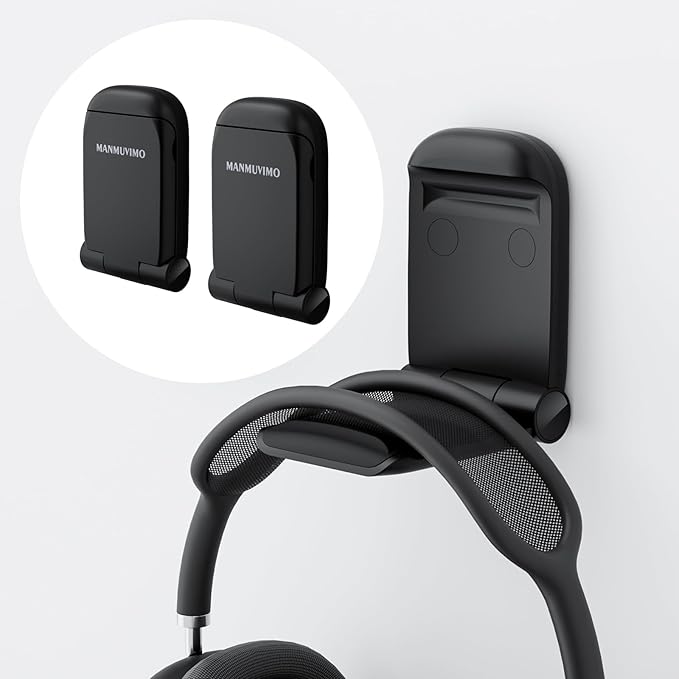 MAMUVIMO Headphone Stand, 2 Pack Headset Stand Foldable＆Sticky, Headphone Holder Hook Mount with Non-Slip Silicone, Adhesive Earphone Desk Hanger Clip Space-Saving for Airpods Max, All Earphones-Black