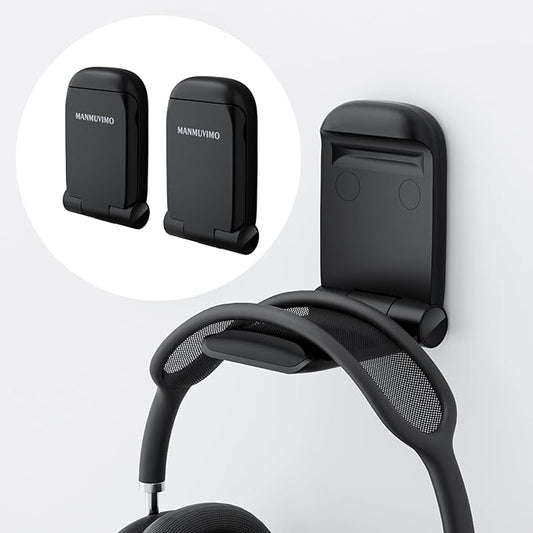 MAMUVIMO Headphone Stand, 2 Pack Headset Stand Foldable＆Sticky, Headphone Holder Hook Mount with Non-Slip Silicone, Adhesive Earphone Desk Hanger Clip Space-Saving for Airpods Max, All Earphones-Black