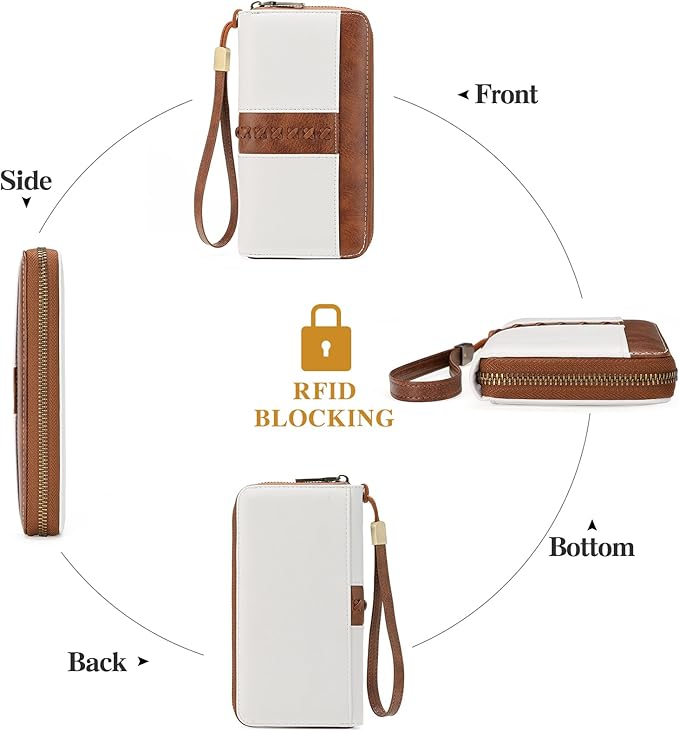 GOIACII Wallet for Women Ladies Wristlet Long Purse Zip Around Clutch RFID Blocking Vegan Leather