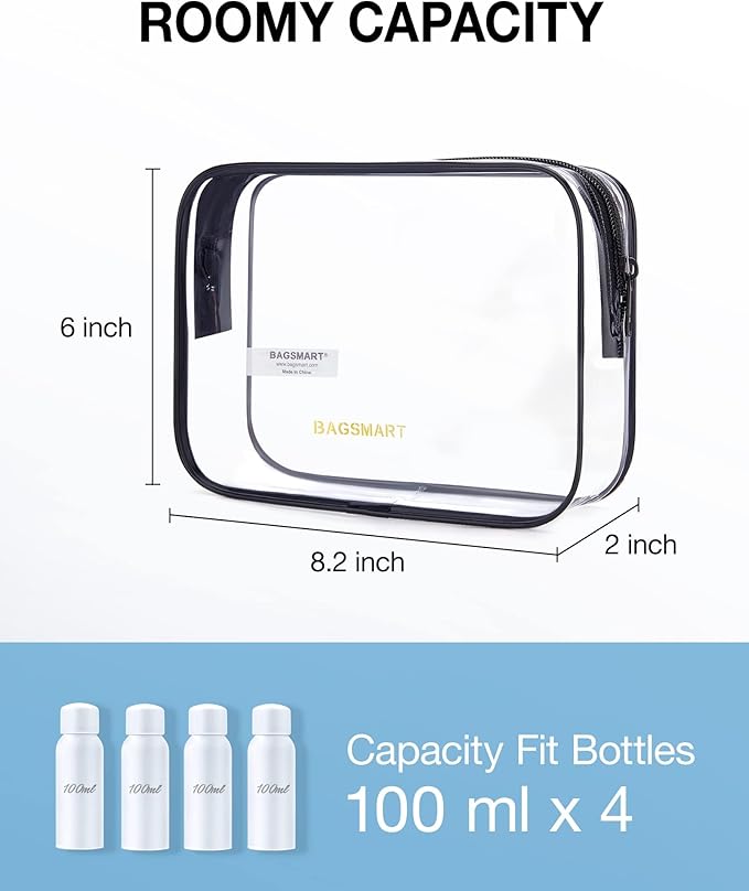 BAGSMART Clear Toiletry Bag, 3 Pack TSA Approved Travel Toiletry bag Carry on Travel Accessories Bag Airport Airline Quart Size Bags Water Repellent Makeup Cosmetic Bag for Women (White-3pcs)