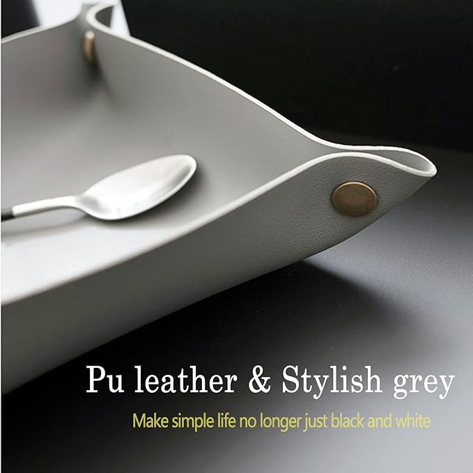 Leather Jewelry Valet Tray, Small Catchall Tray, Key Tray for Entryway Table, Nightstand, Suitable for Travel, Storage, Home or Office (Light Grey-S)